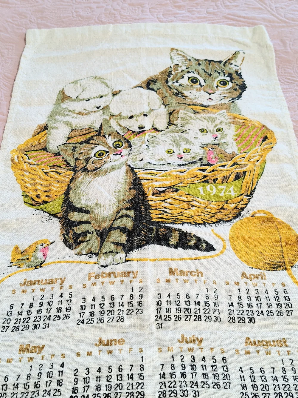Vintage 1974 Basket of Kittens Calendar Towel 27
